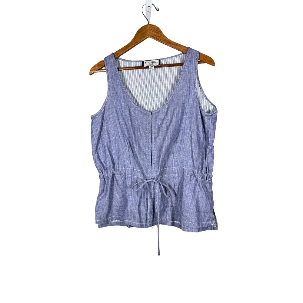 Mary McFadden Petite Womens Sz PL Blue Poplin Sleeveless Top Drawstring Waist